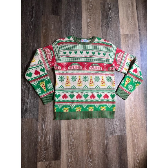 Papa Johns Ugly Christmas Sweater Mens Medium Red Green Pizza Fair Isle Good